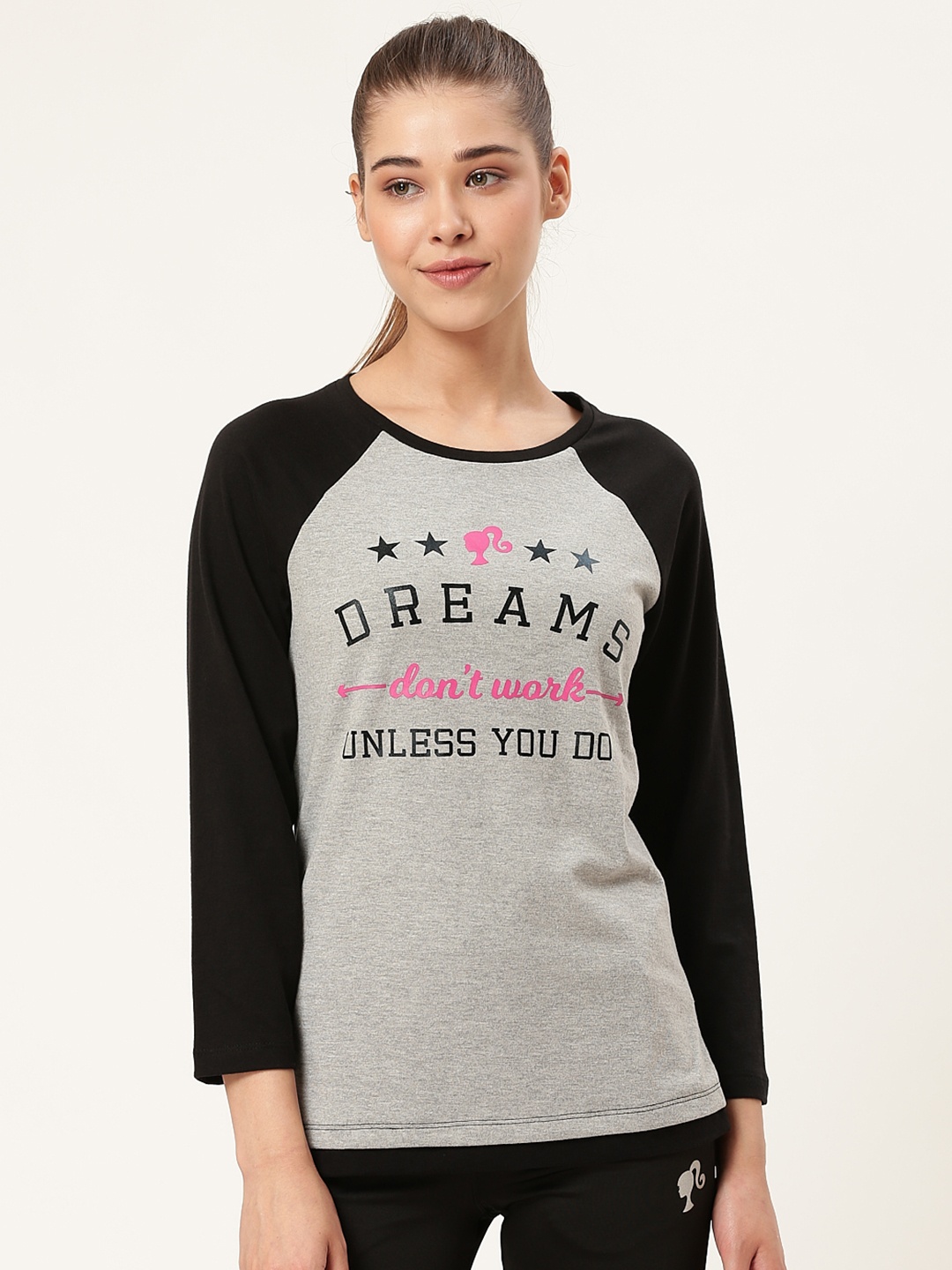

toothless Women Grey Melange & Black Printed Barbie Round Neck T-shirt