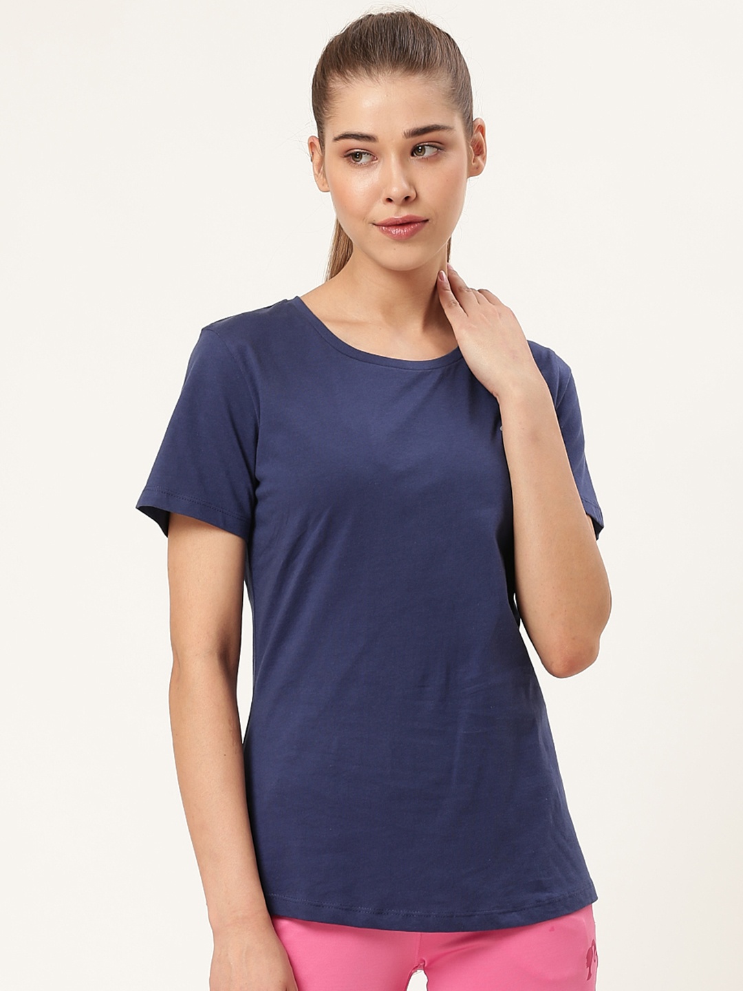 

toothless Women Navy Blue Solid Round Neck Barbie T-shirt