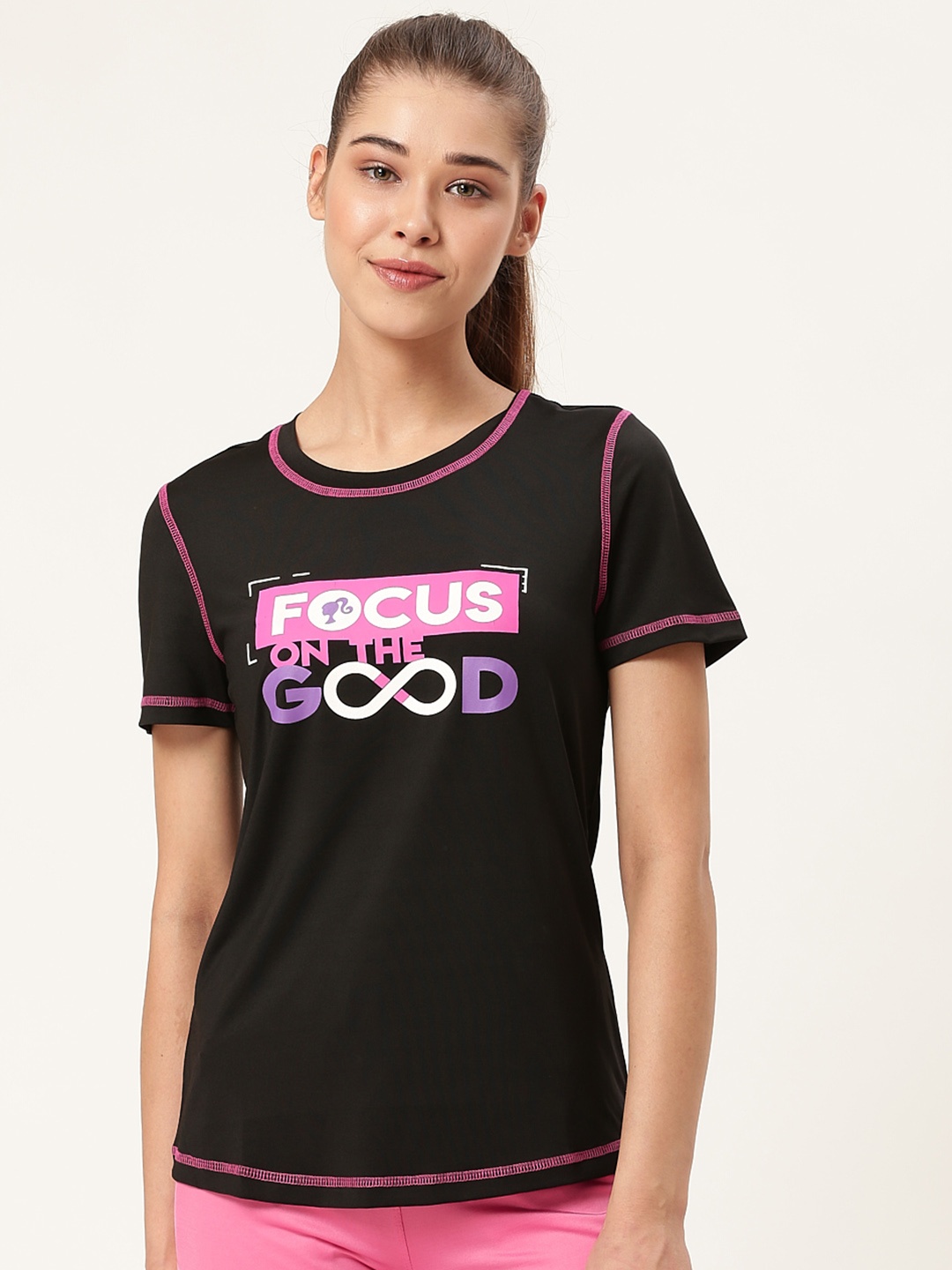

toothless Women Black Printed Round Neck Barbie T-shirt