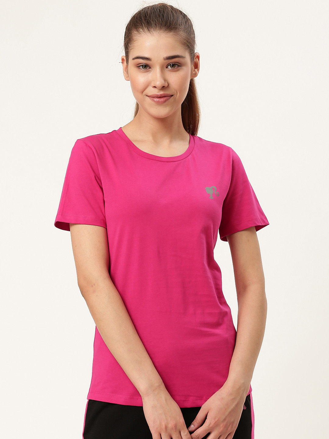 

toothless Women Pink Solid Round Neck Barbie T-shirt
