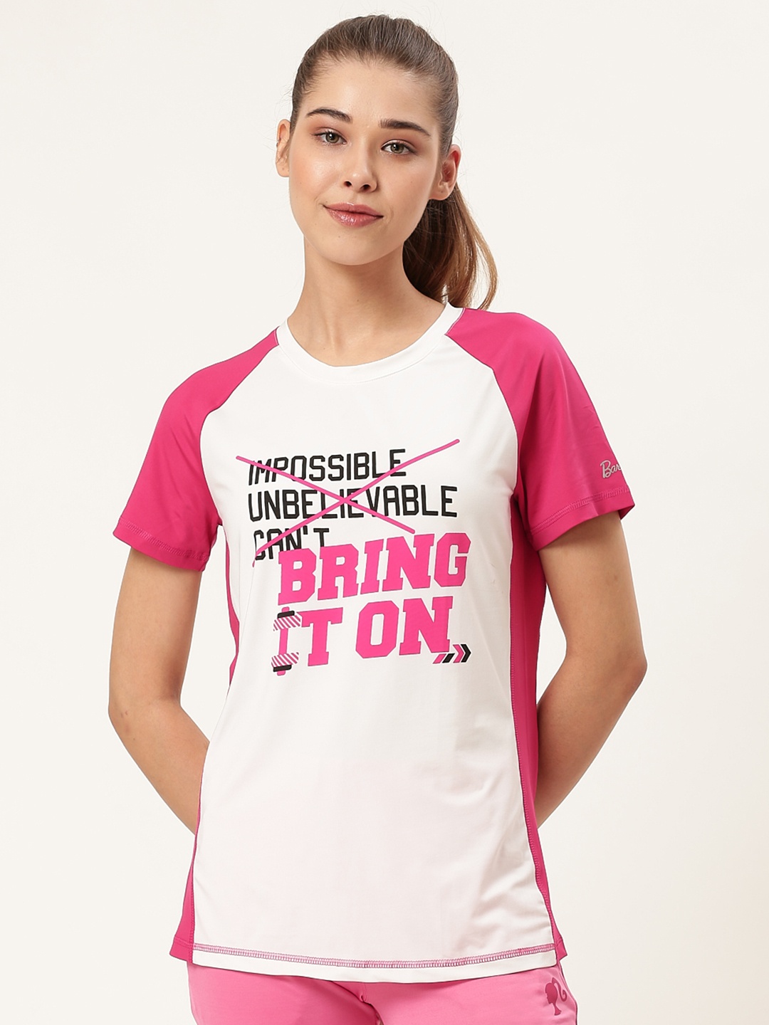 

toothless Women White & Pink Printed Round Neck T-Shirt