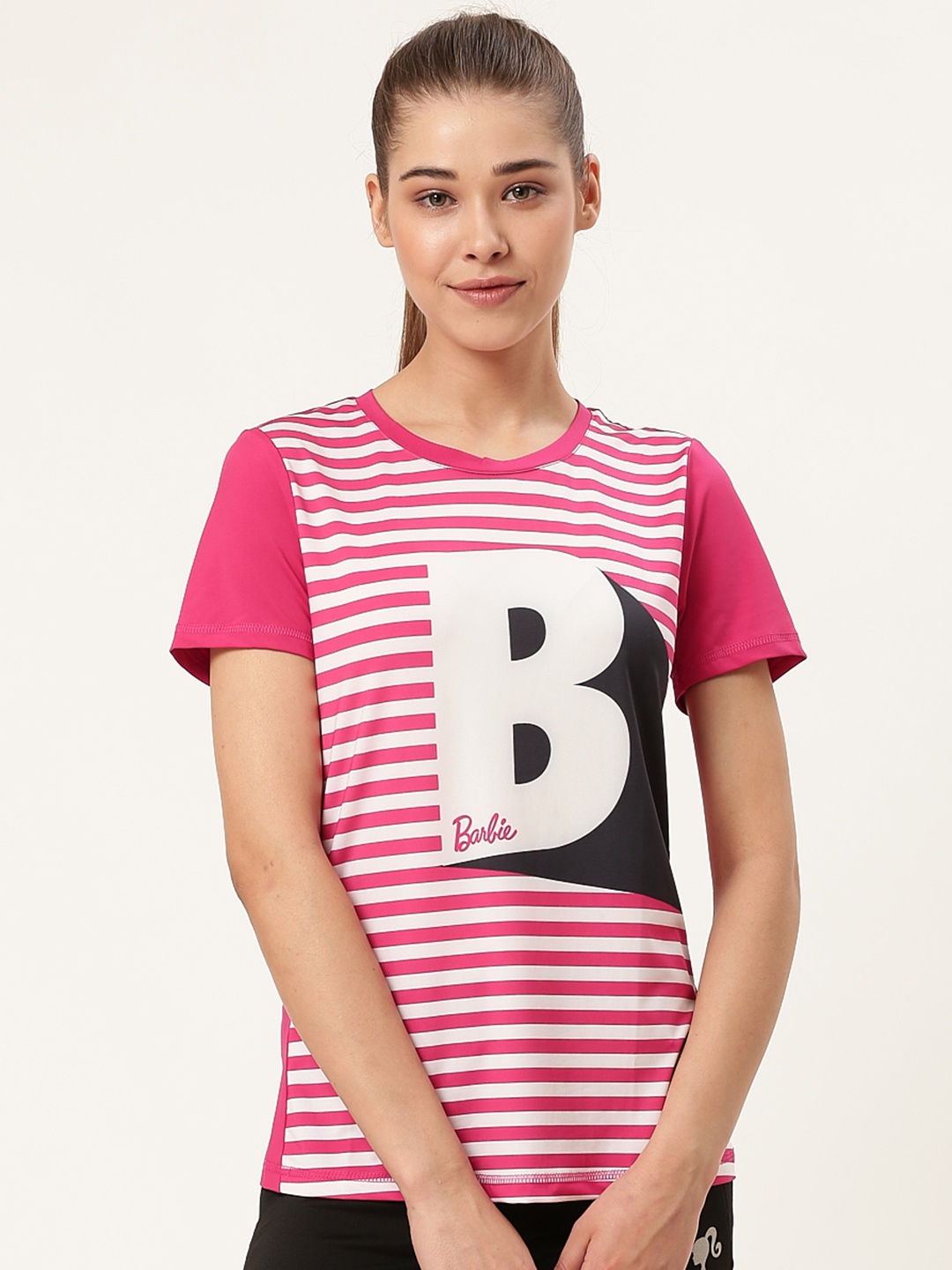 

toothless Women Pink & White Striped Round Neck T-Shirt