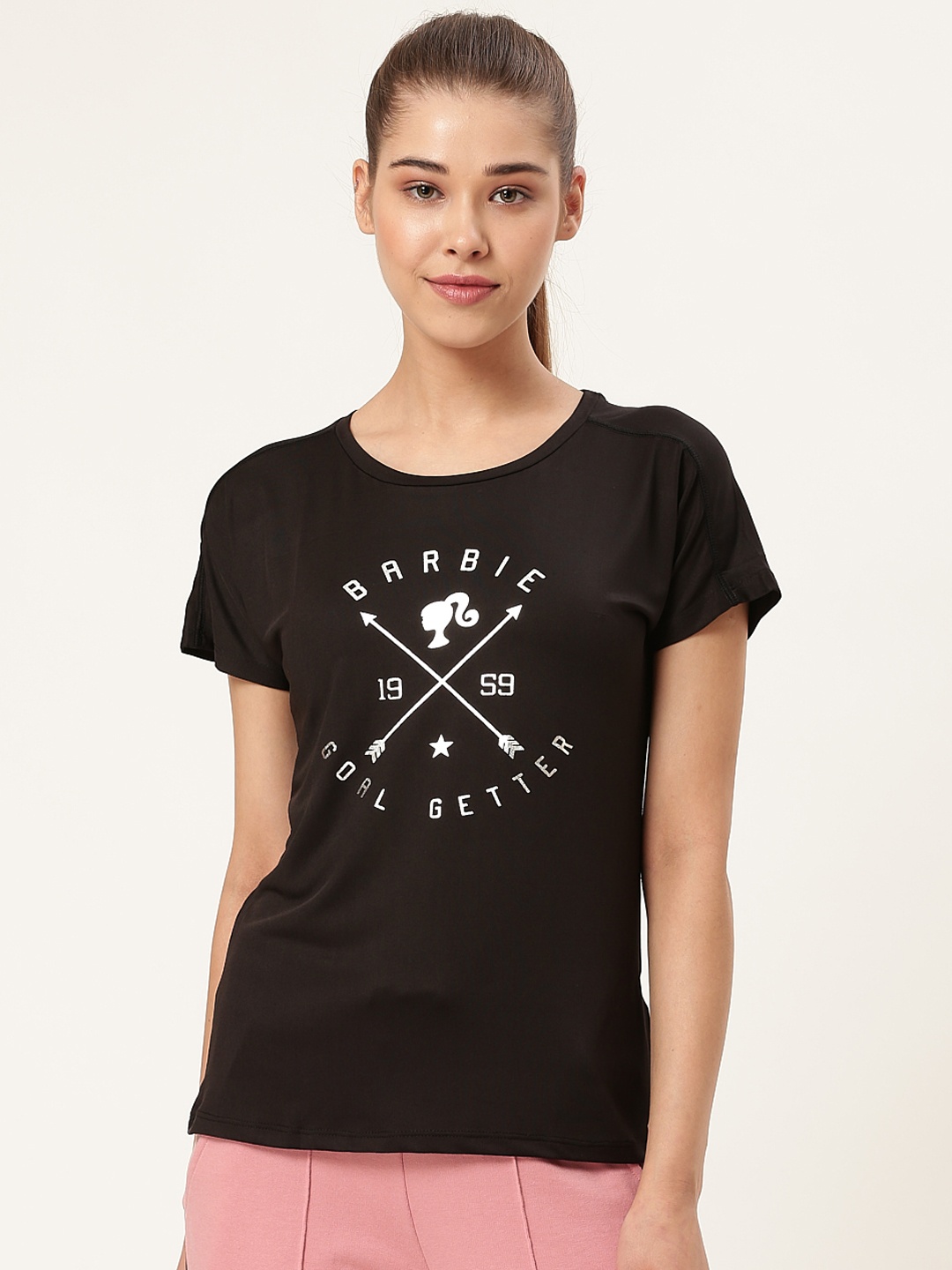 

toothless Women Black Printed Barbie Round Neck T-shirt