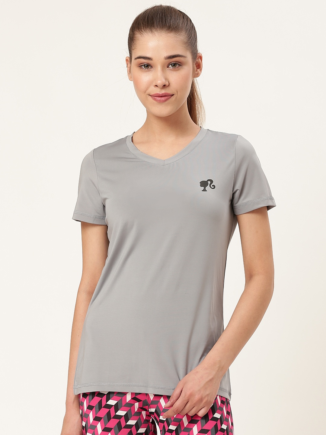 

toothless Women Grey Solid Barbie V-Neck T-shirt
