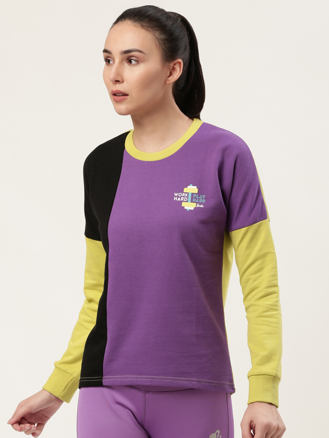 

toothless Women Purple & Black Barbie Colourblocked Sweatshirt
