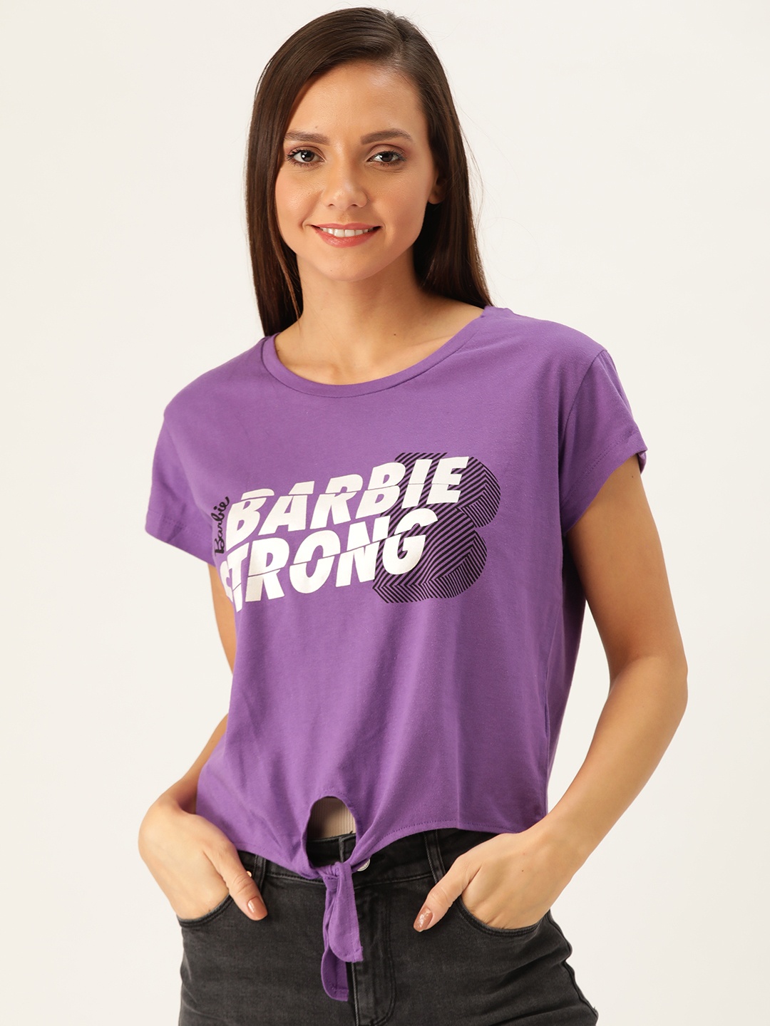 

toothless Women Purple & White Printed Barbie Top