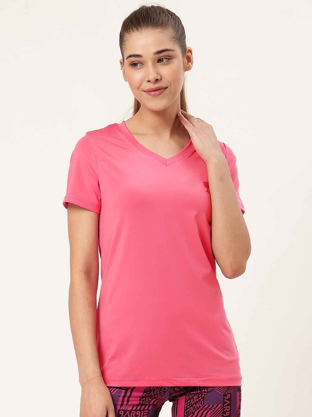 

toothless Women Pink Solid Barbie V-Neck T-shirt