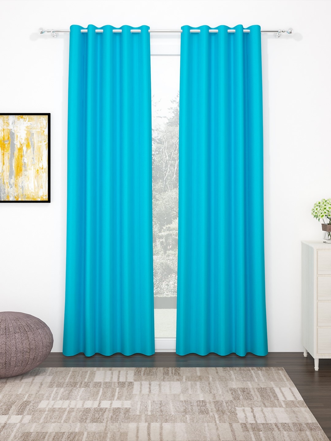 

Story@Home Faux Silk Solid Solid 300GSM Ocean Blue Room Darkening Blackout Long Door Curtain - Set of 2, Turquoise blue