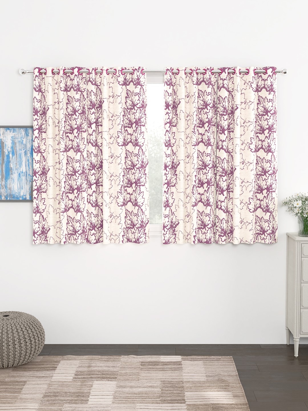 

Story@home Cream-Coloured & Lavender Set of 4 300GSM Semi Blackout Jacquard Eyelet Ringtop Window Curtains