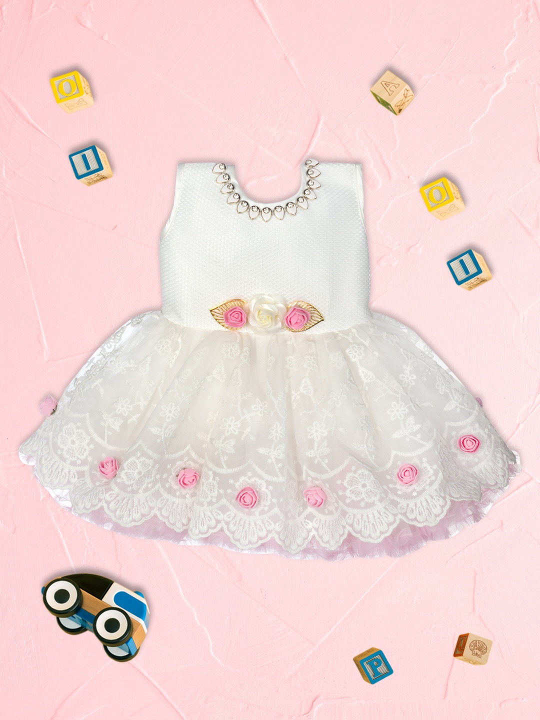 

MeeMee Girls White Self Design Fit and Flare Dress