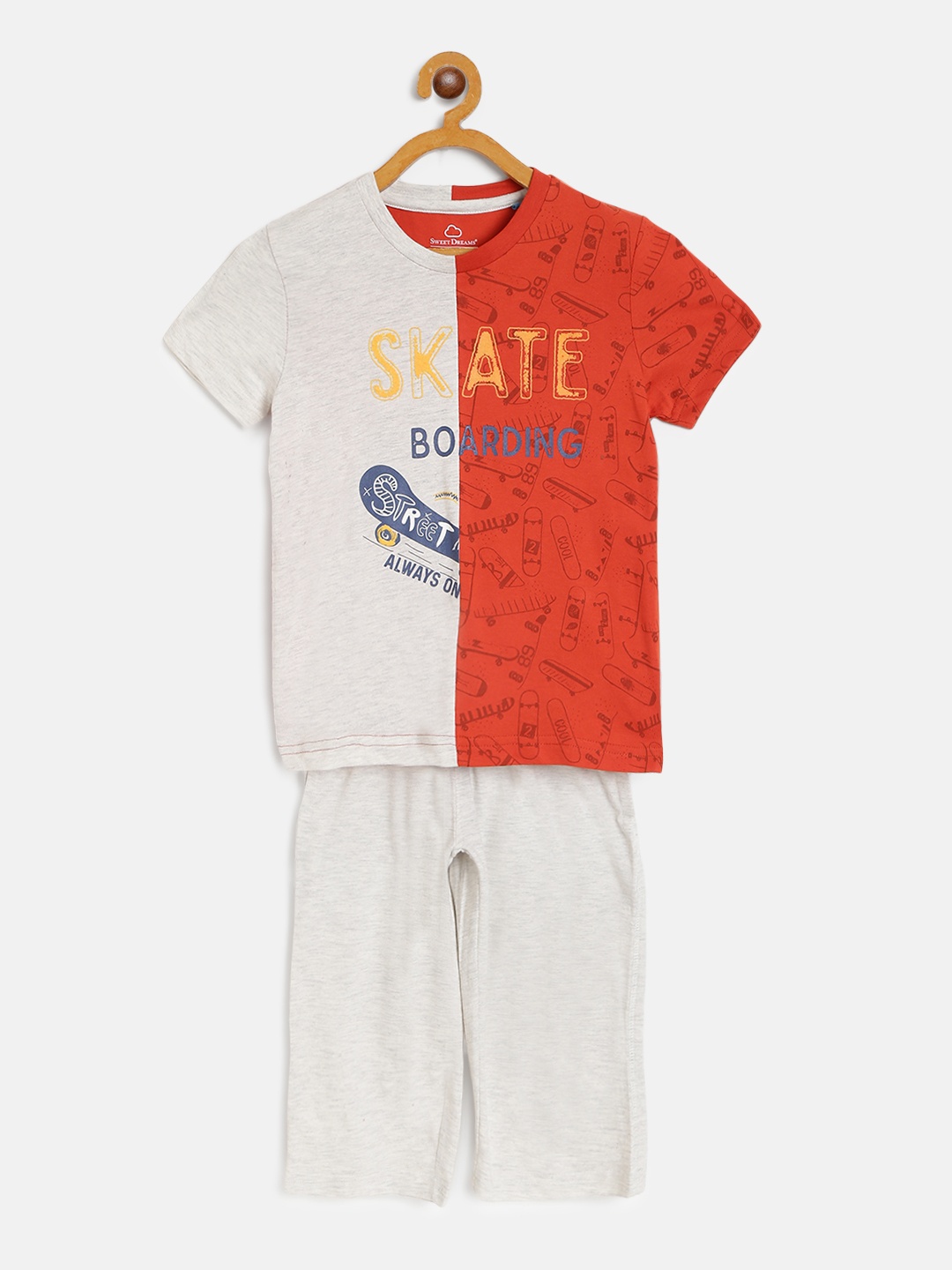 

Sweet Dreams Boys Rust Orange & Grey Melange Printed Night suit