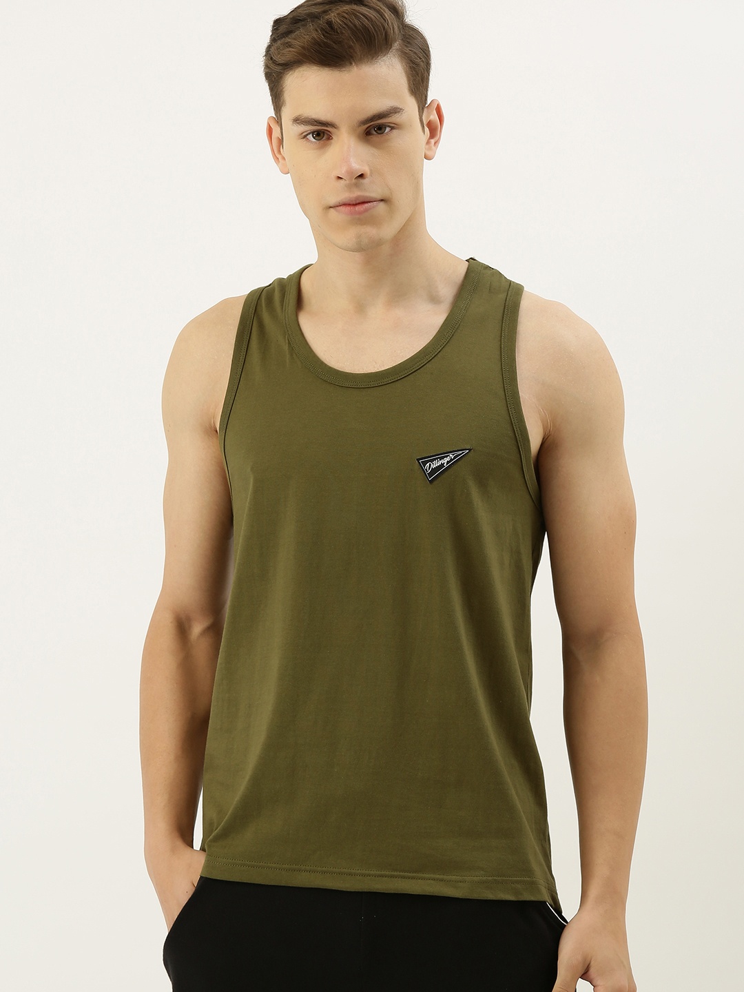 

DILLINGER Men Olive Green Solid Round Neck Pure Cotton T-shirt