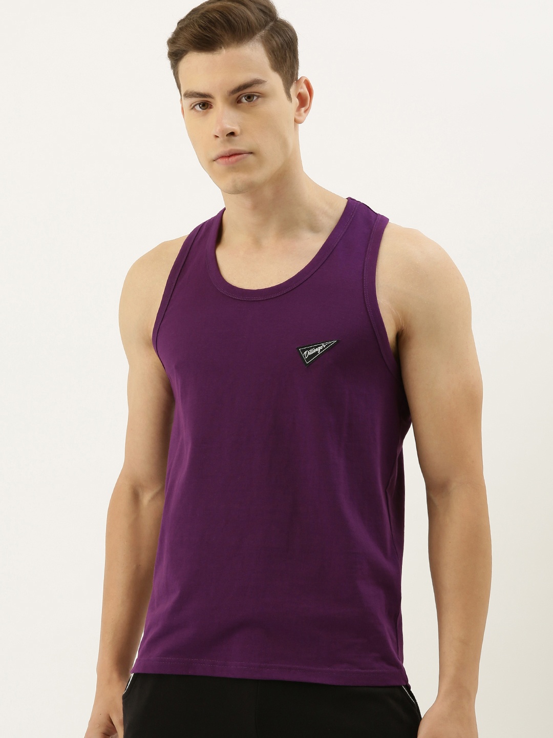 

DILLINGER Men Purple Solid Round Neck Pure Cotton T-shirt