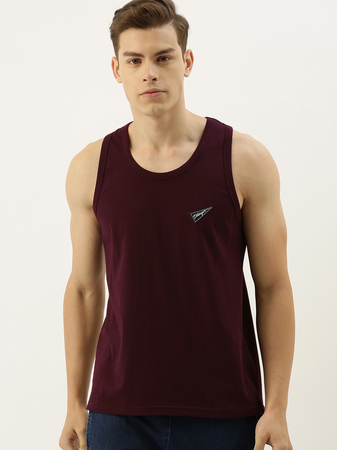 

DILLINGER Men Burgundy Solid Round Neck Pure Cotton T-shirt