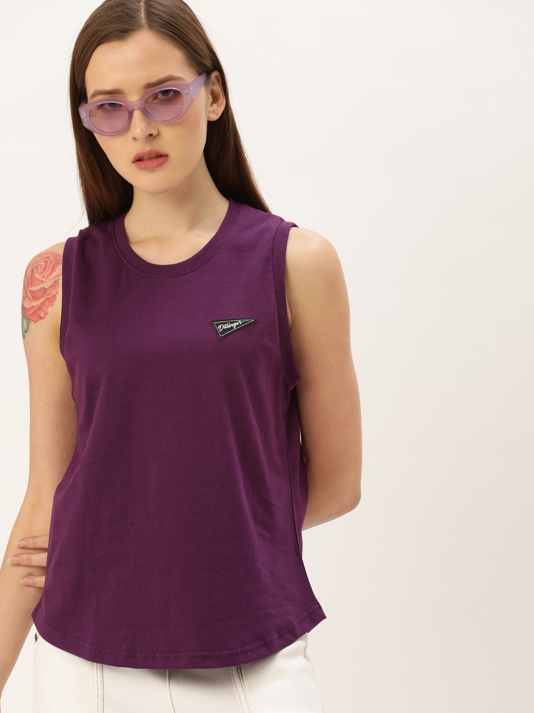 

DILLINGER Women Purple Solid Round Neck Pure Cotton T-shirt