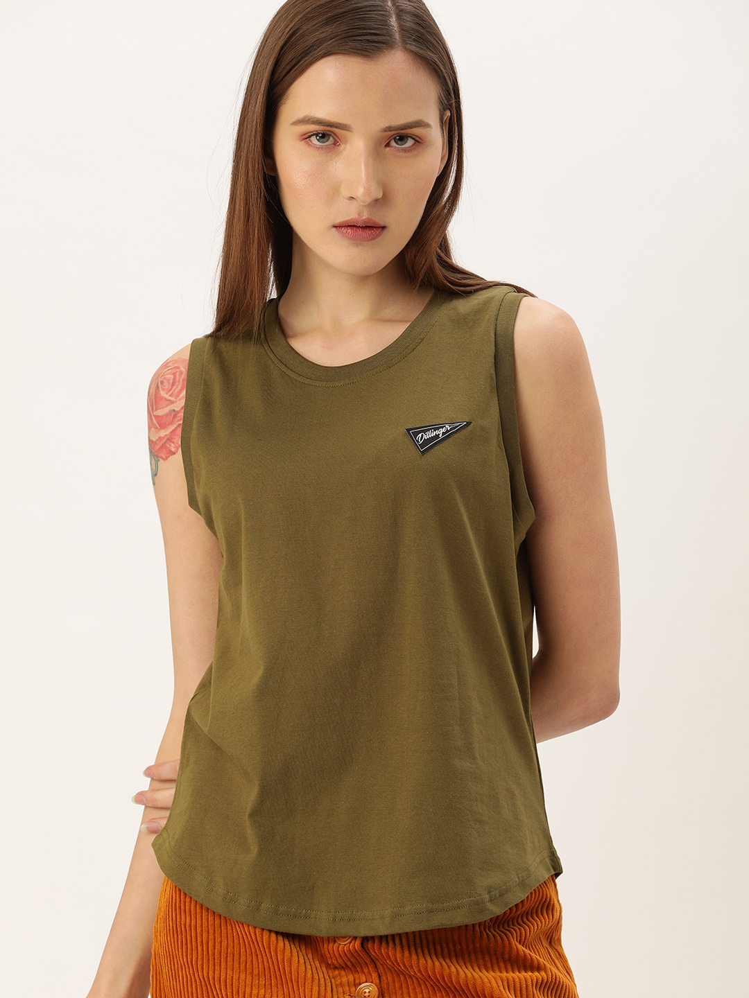

DILLINGER Women Olive Green Solid Round Neck Pure Cotton T-shirt