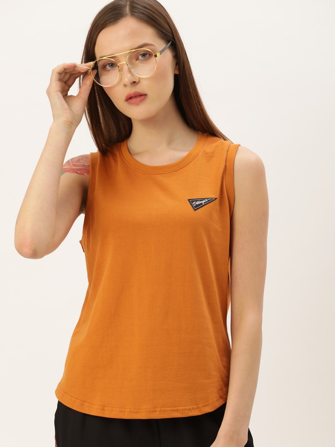 

DILLINGER Women Tan Brown Solid Round Neck Pure Cotton T-shirt