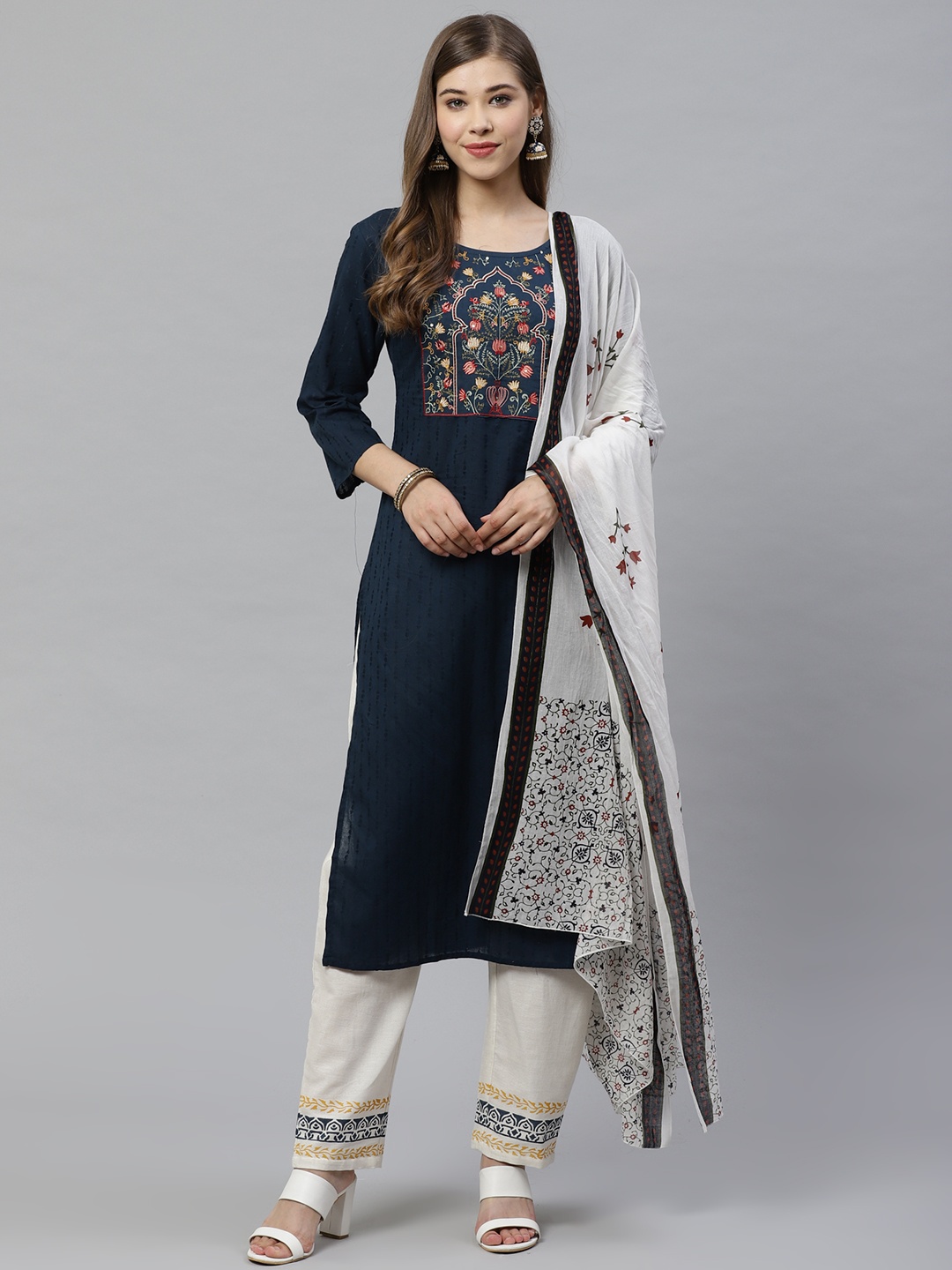 

Yufta Women Navy Blue & Off-White Dobby Weaved Kurta with Trousers & Dupatta