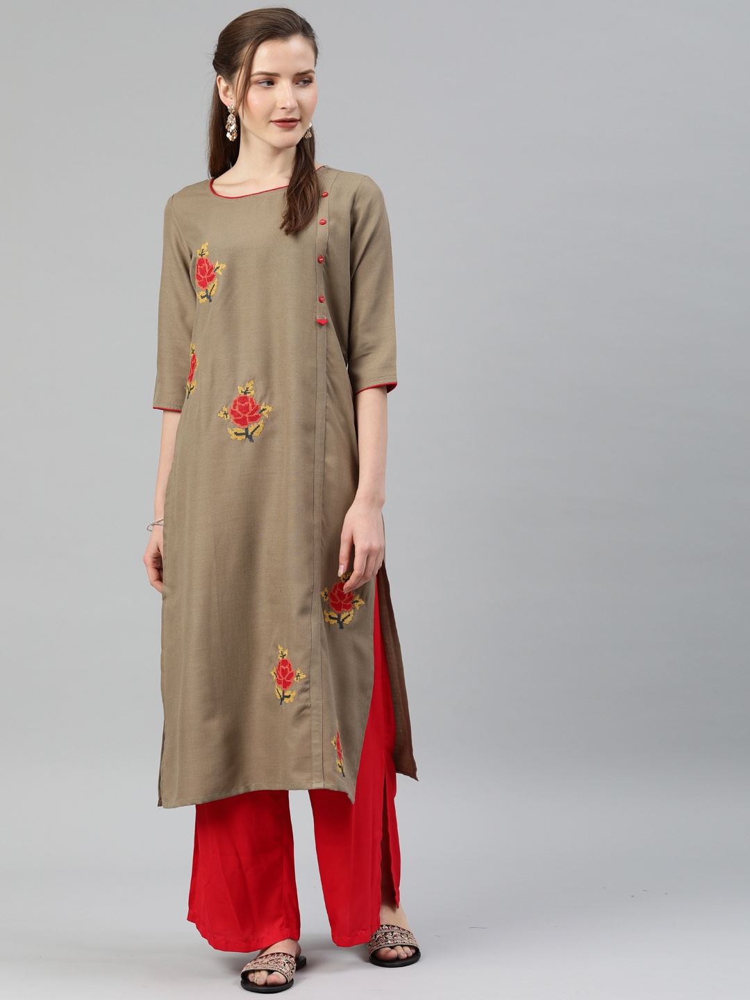 

Alena Women Grey & Red Floral Embroidered Straight Kurta