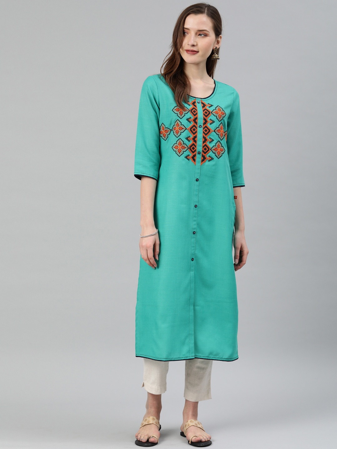 

Alena Women Sea Green Embroidered Straight Kurta