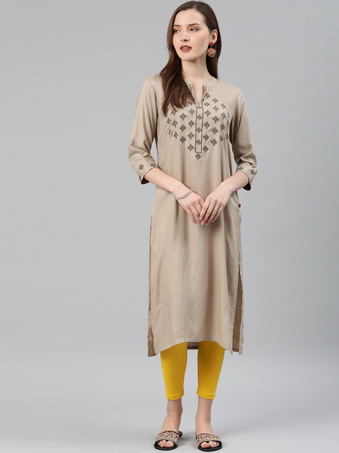 

Alena Women Taupe Embroidered Straight Kurta