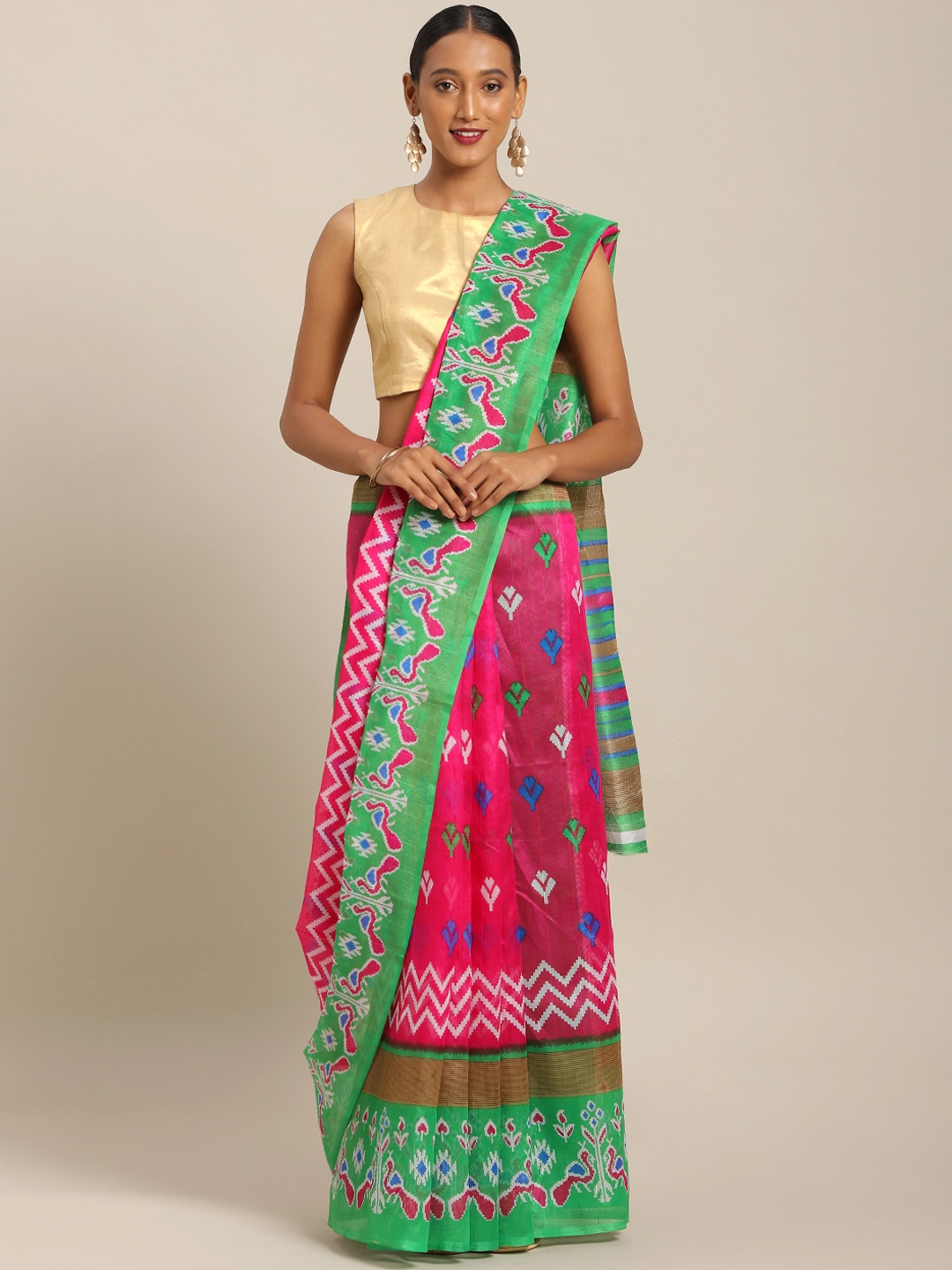 

Silk Bazar Pink & Blue Silk Blend Printed Bhagalpuri Saree