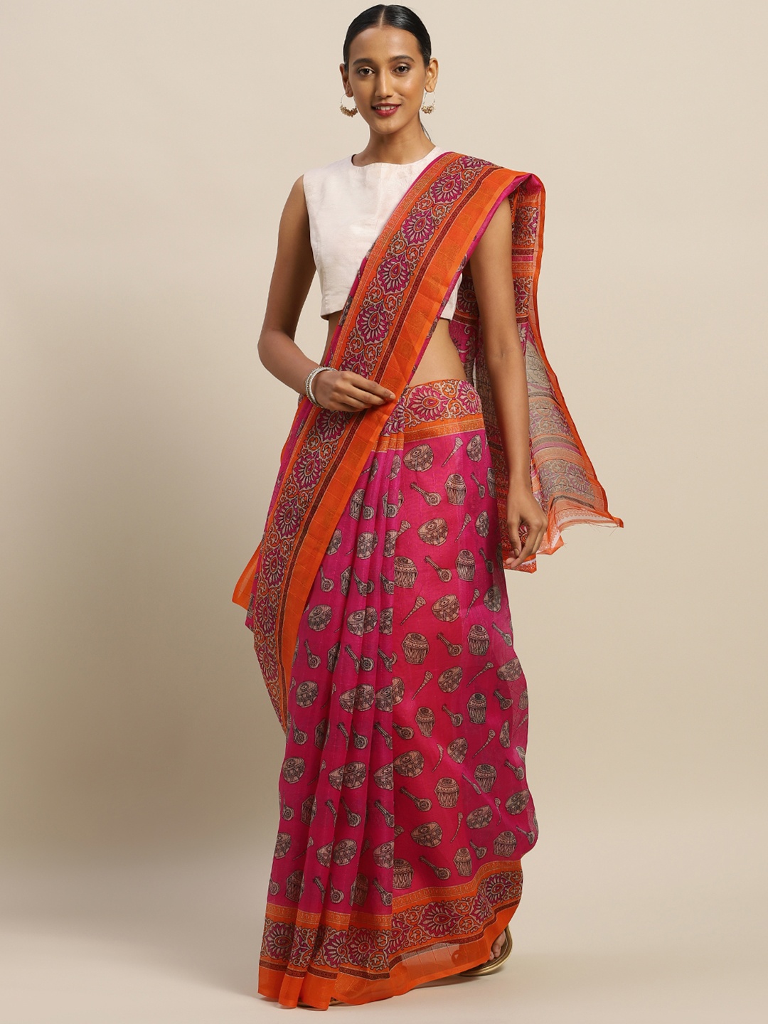 

Silk Bazar Pink & Beige Silk Blend Printed Bhagalpuri Saree