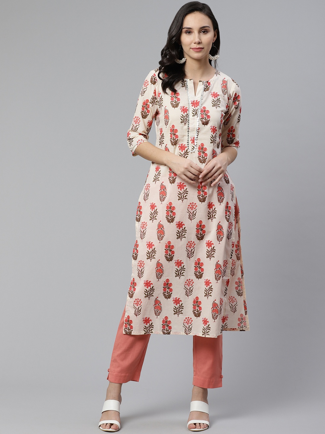 

Libas Women Off-White & Peach-Coloured Printed Straight Kurta