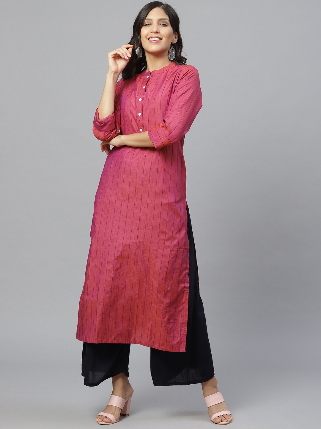 

Libas Women Pink & Blue Striped Straight Kurta
