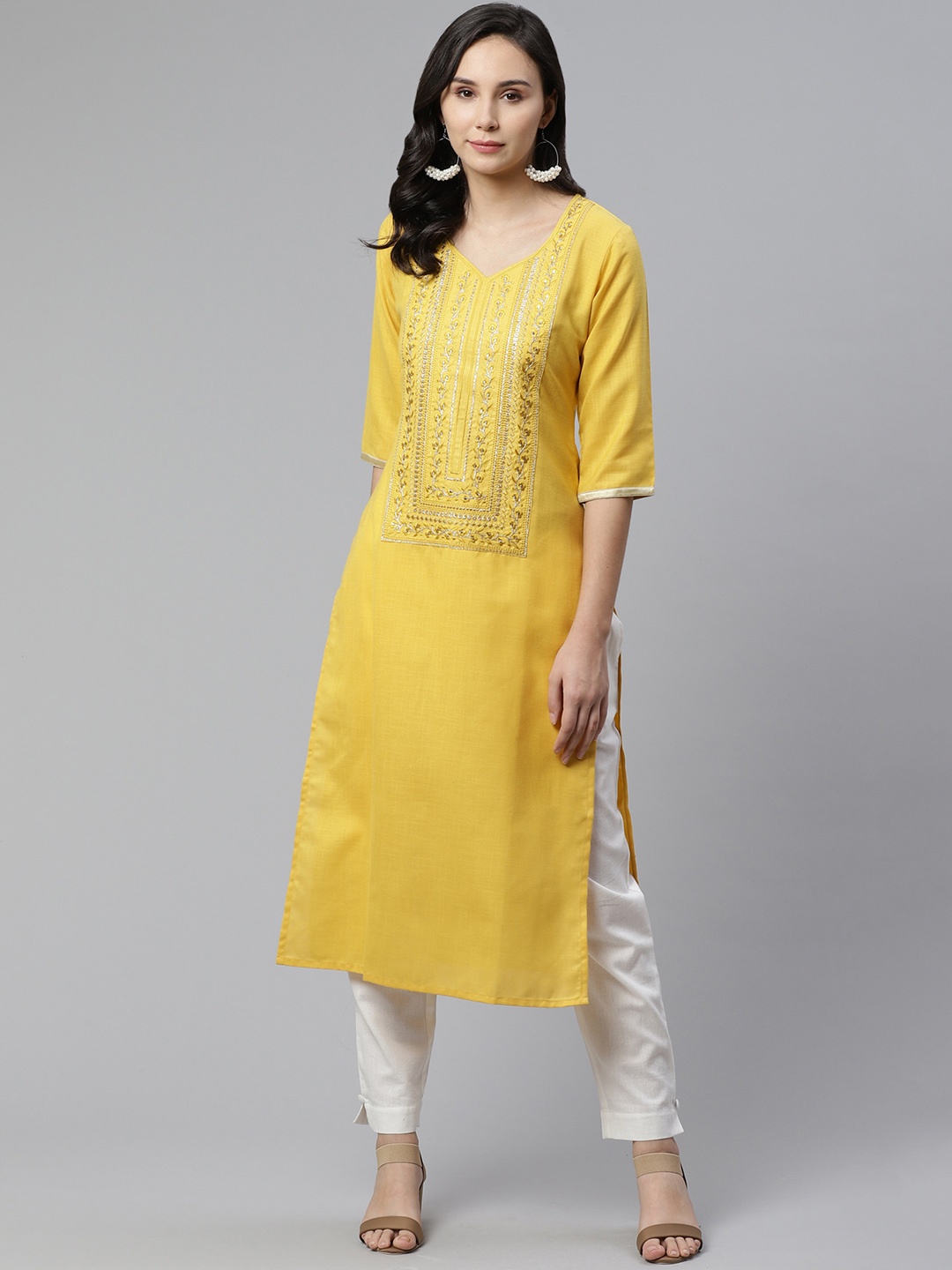 

Libas Women Mustard Yellow & Golden Embroidered Yoke Design Straight Kurta