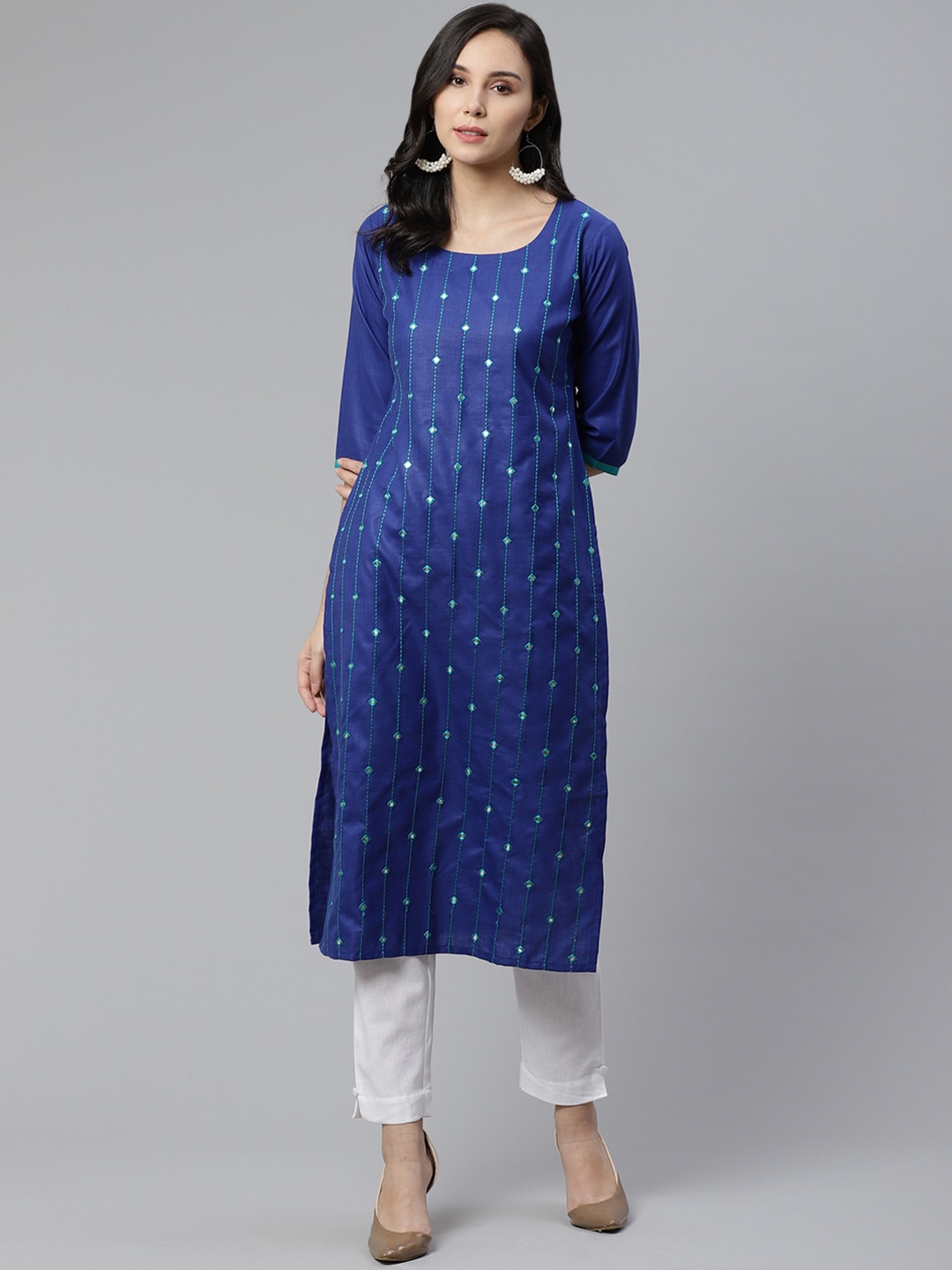 

Libas Women Blue Mirror Work Embellished Straight Kurta