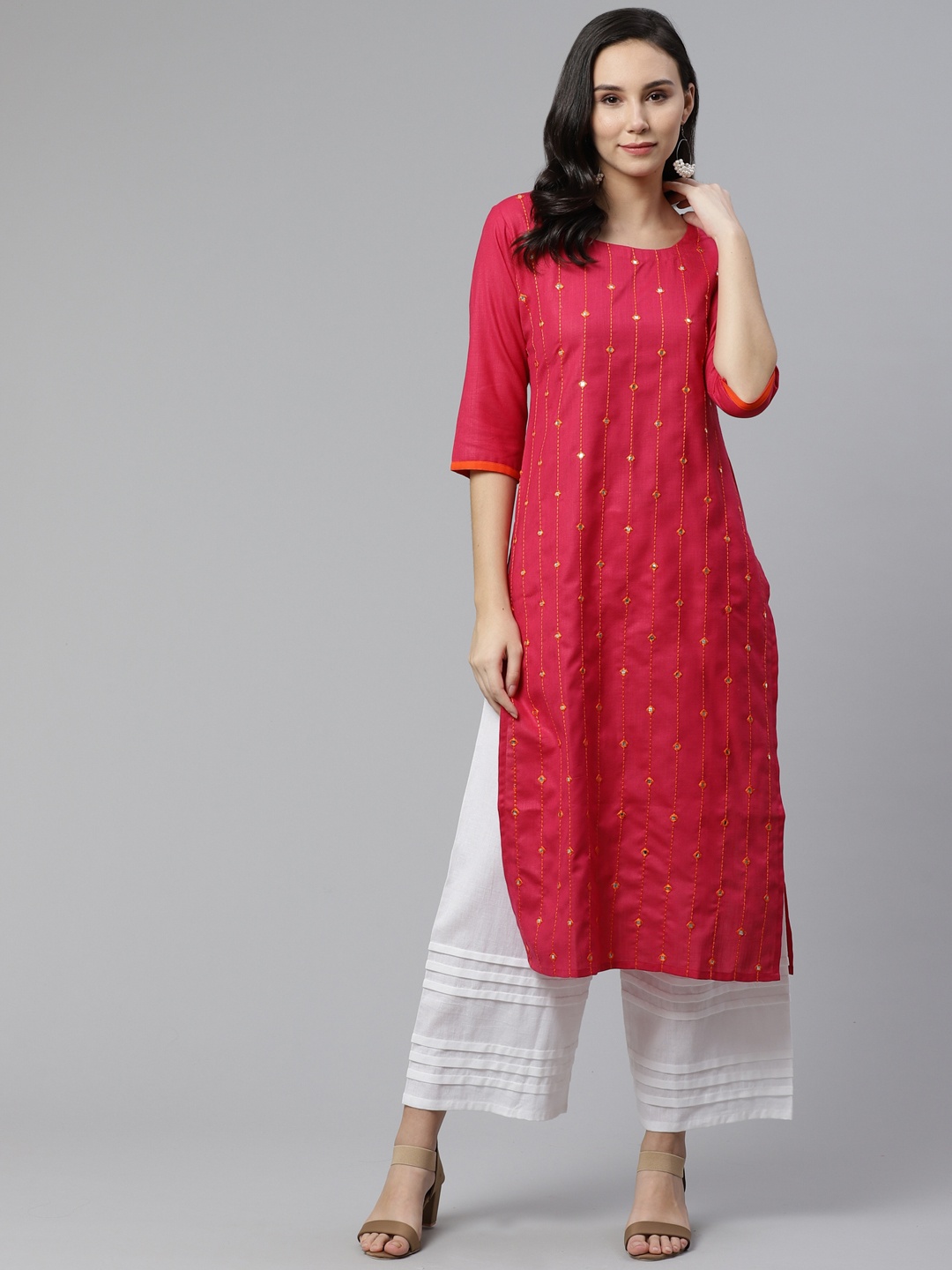 

Libas Women Pink Mirror-Work Straight Kurta