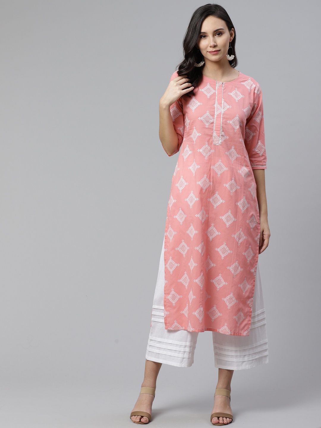 

Libas Women Pink & Off-White Printed Straight Kurta