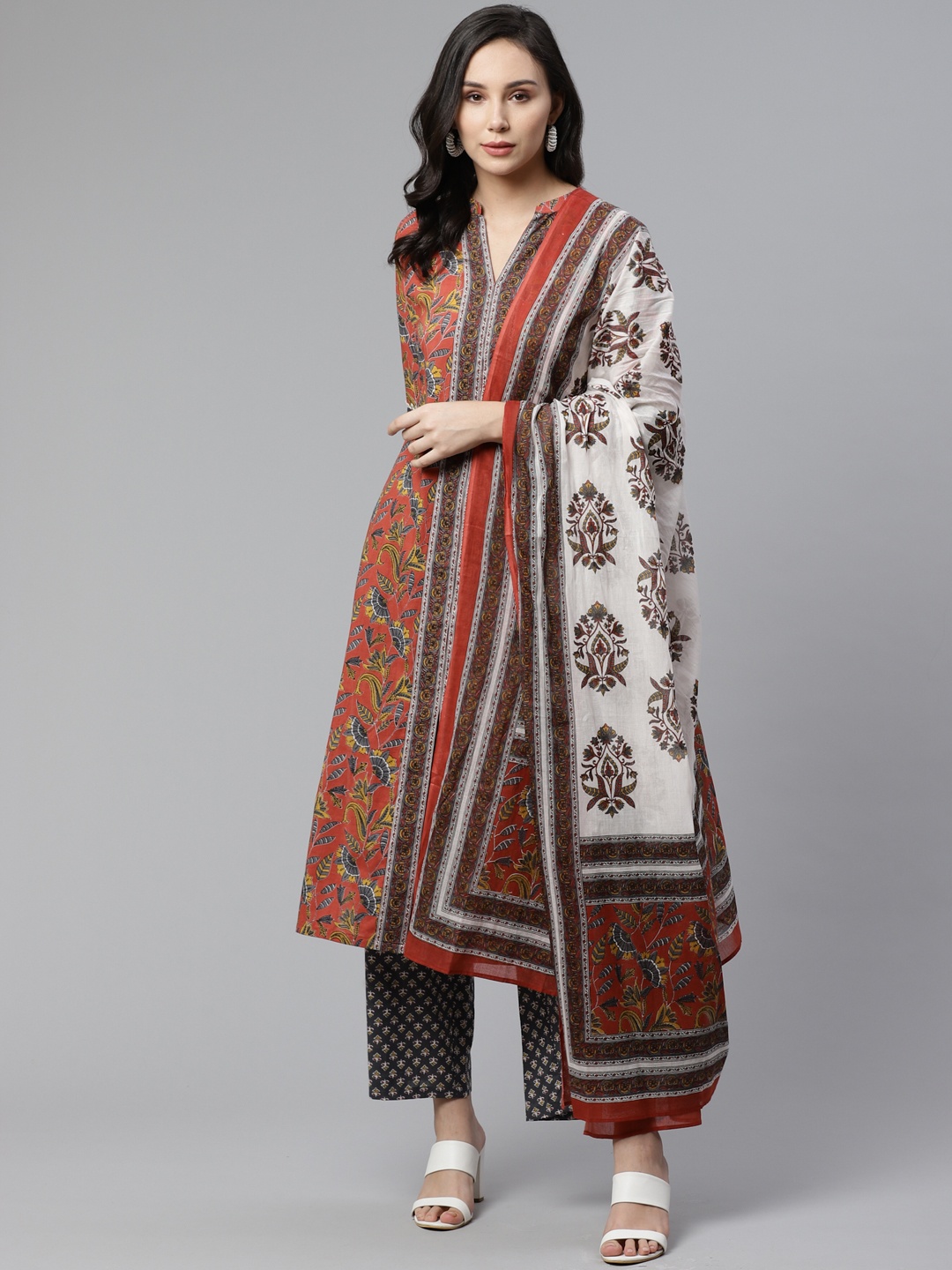 

Libas Women Rust Orange & Black Printed Kurta with Palazzos & Dupatta