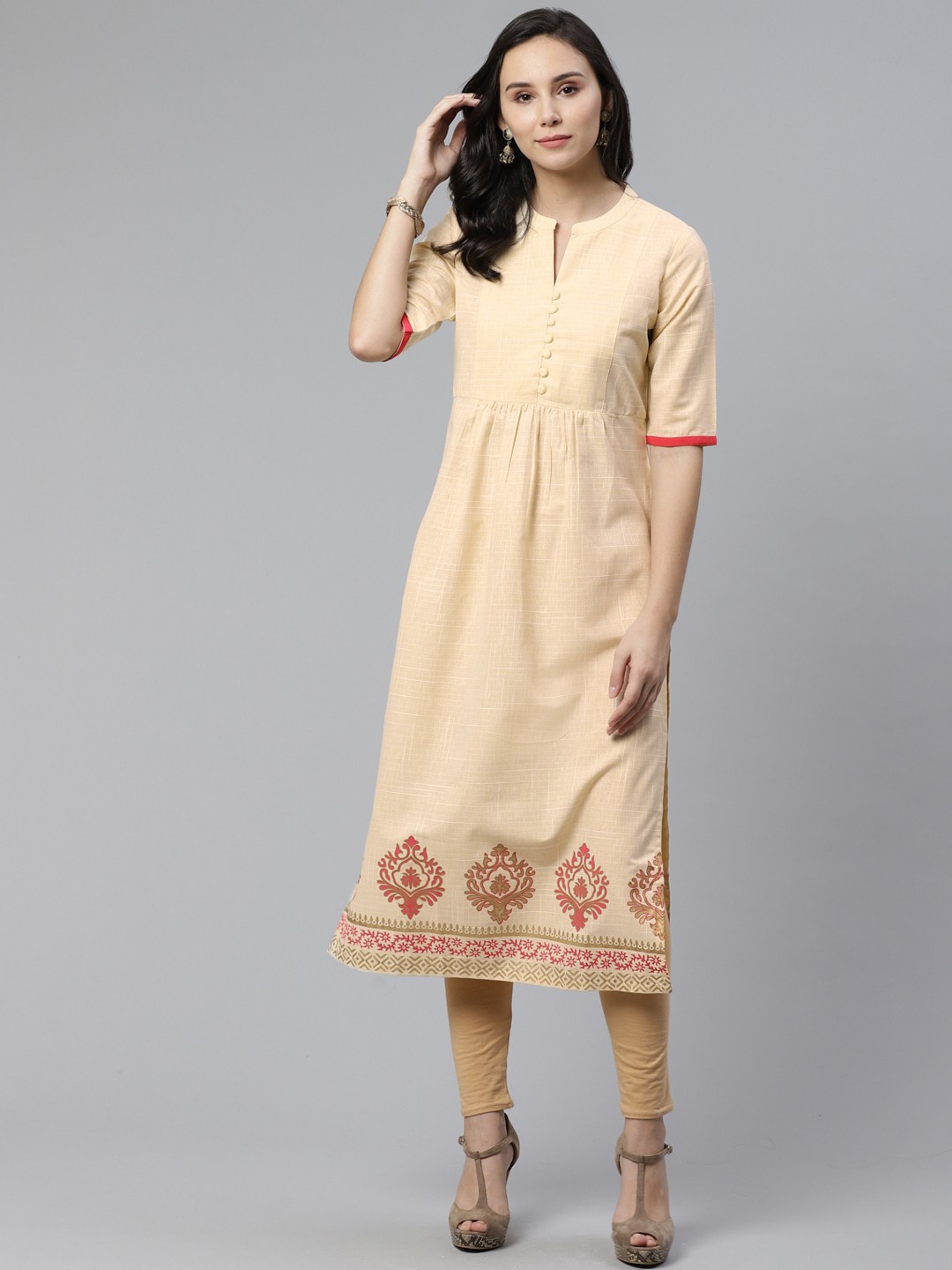 

Libas Women Beige Block Print Detail Straight Kurta