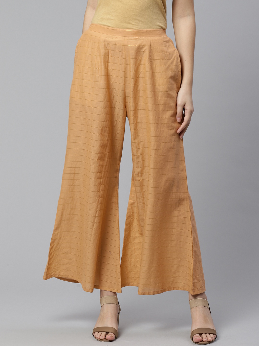 

Libas Women Beige & Golden Striped Flared Palazzos