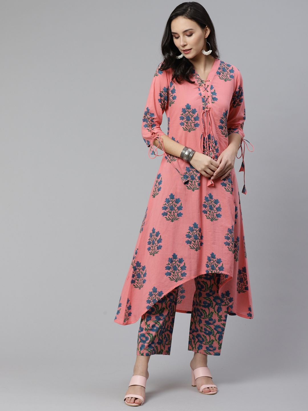 

Libas Women Coral Pink & Blue Printed High-Low A-Line Kurta with Palazzo