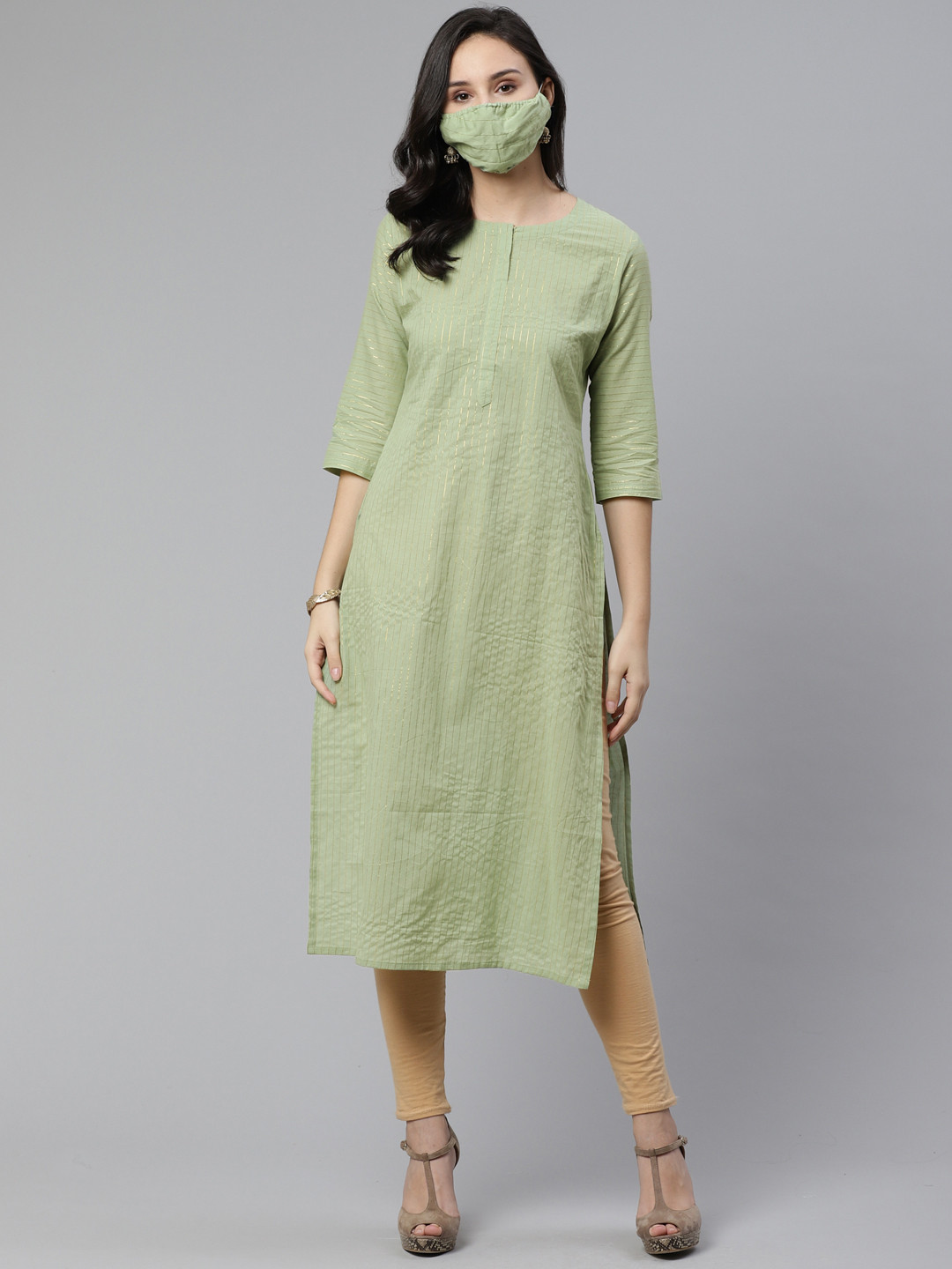 

Libas Women Green Golden Self Striped Straight Kurta