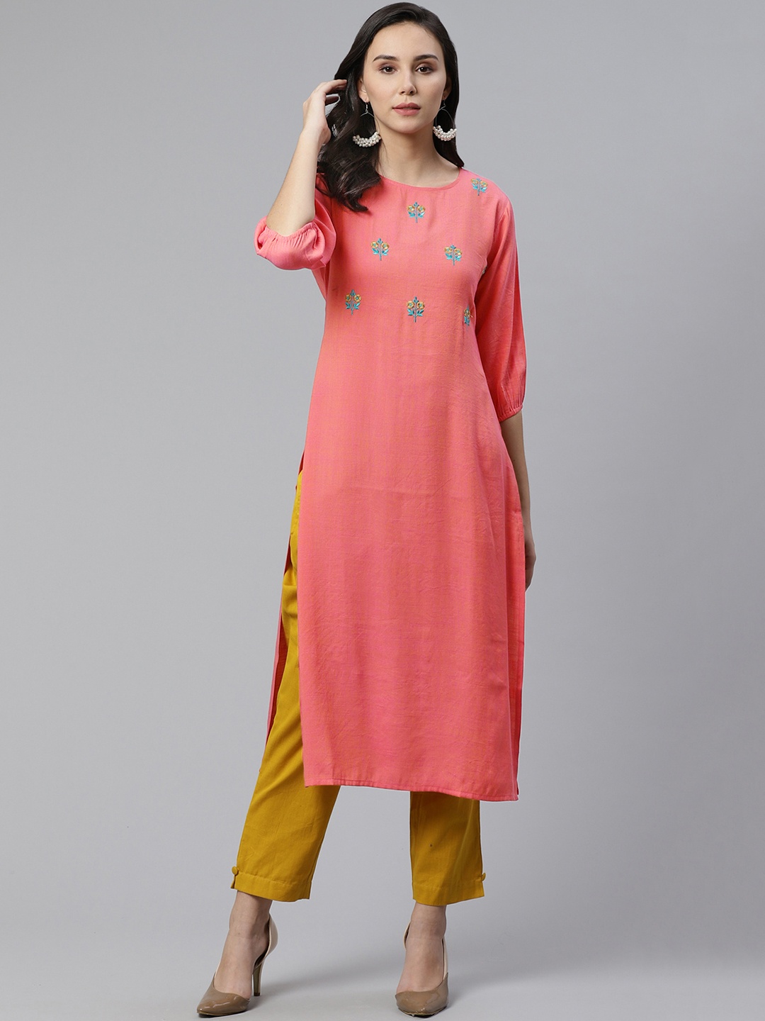 

Libas Women Coral Pink & Blue Floral Embroidered Straight Kurta