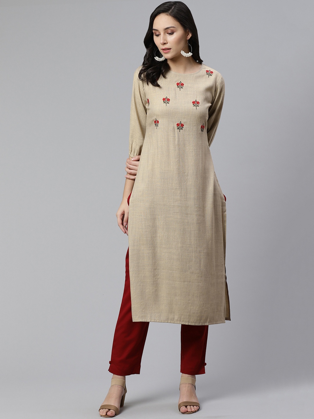 

Libas Women Taupe & Red Floral Embroidered Straight Kurta