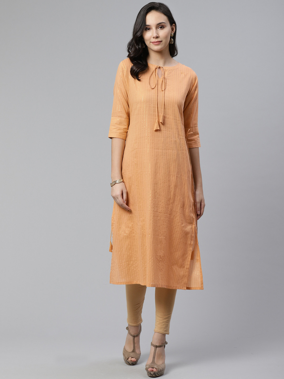 

Libas Women Peach-Coloured & Golden Self Striped Straight Kurta