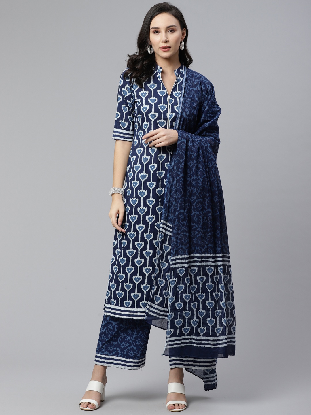 

Libas Women Blue & Off-White Printed Kurta with Palazzos & Dupatta