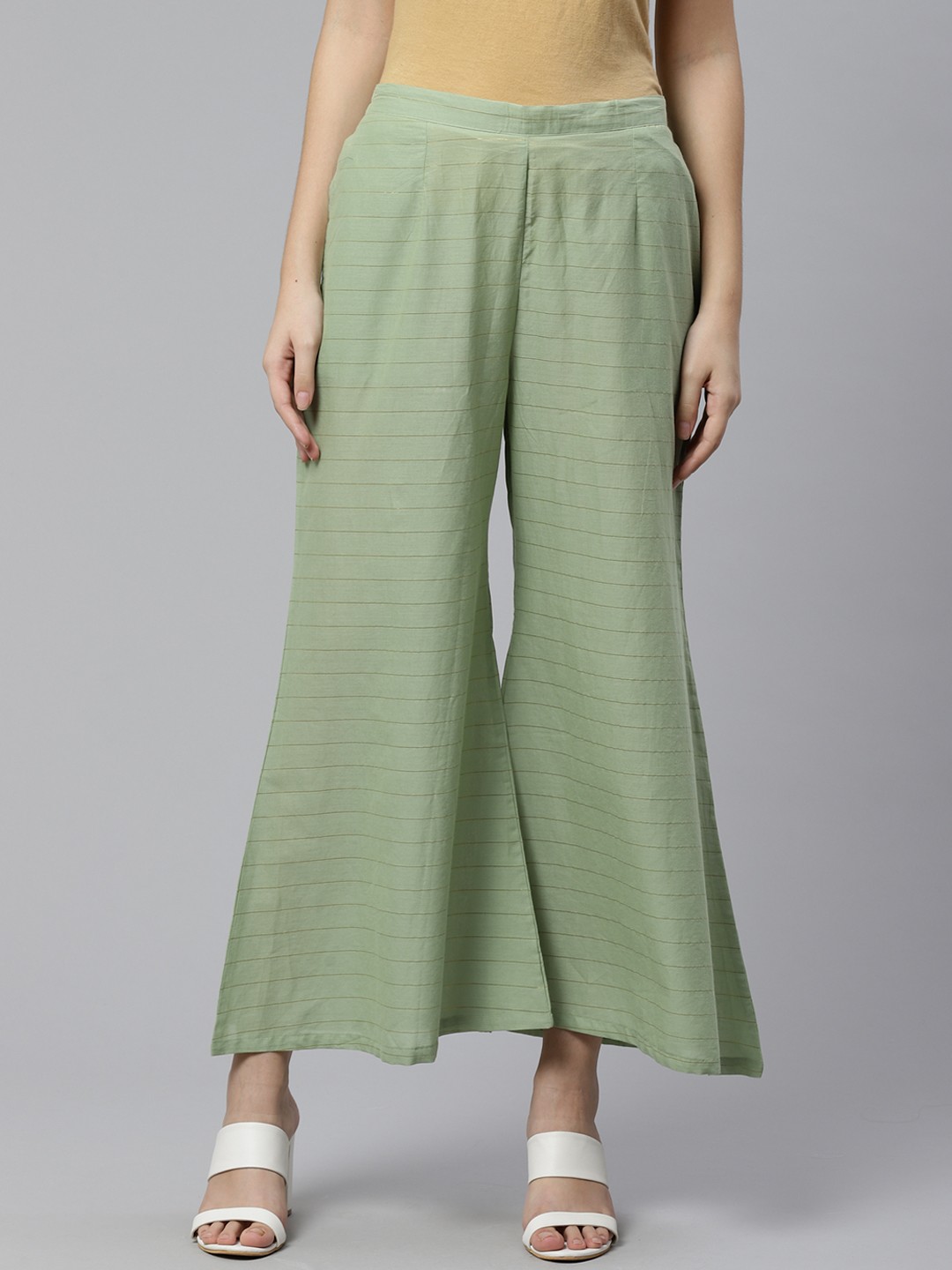 

Libas Women Green & Golden Striped Flared Palazzos