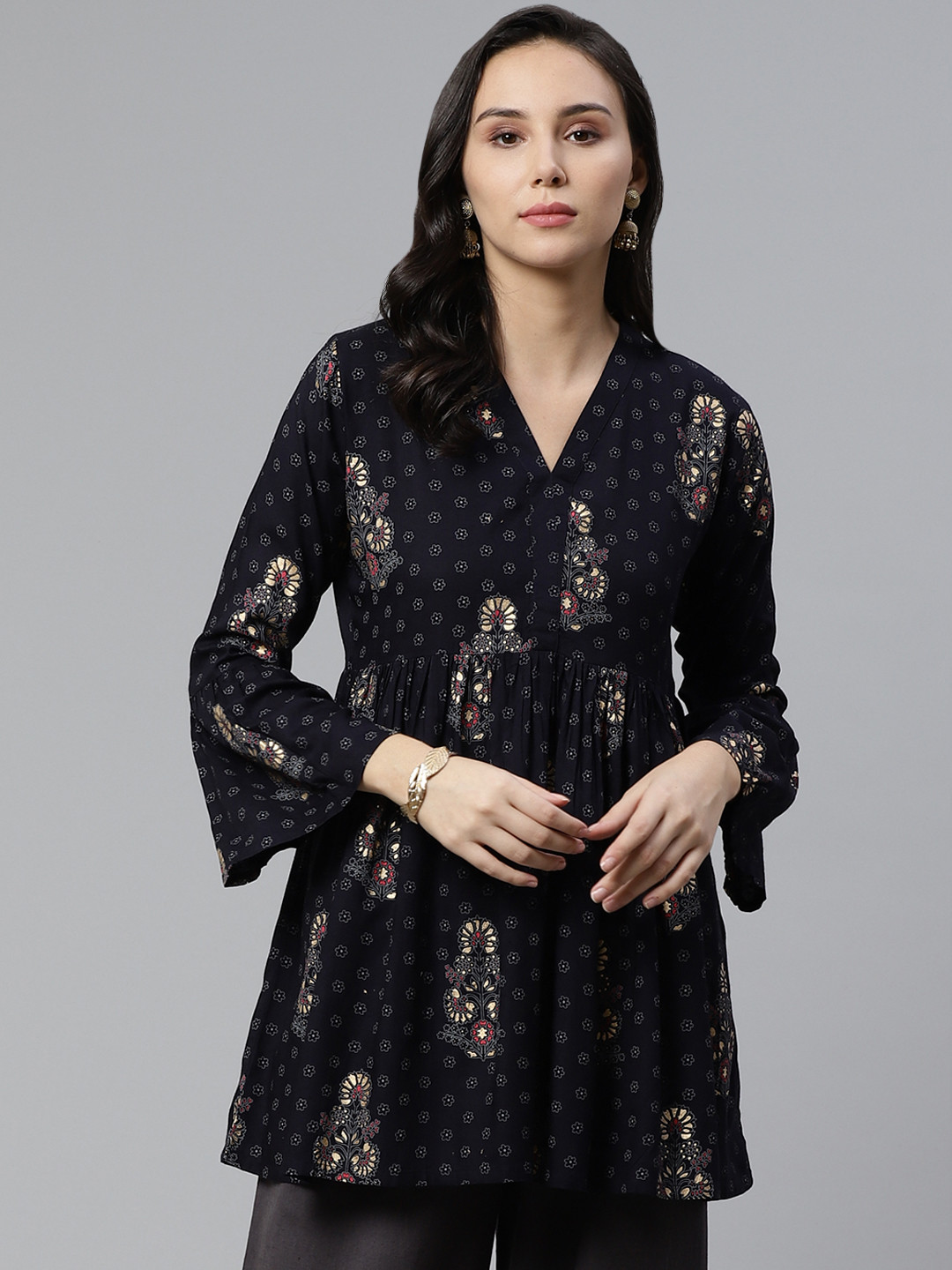 

Libas Women Navy Blue & Beige Printed A-Line Kurti