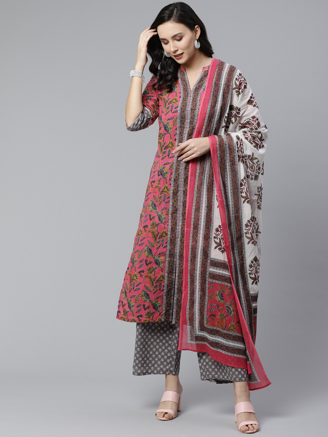

Libas Women Pink & Grey Printed Kurta with Palazzos & Dupatta