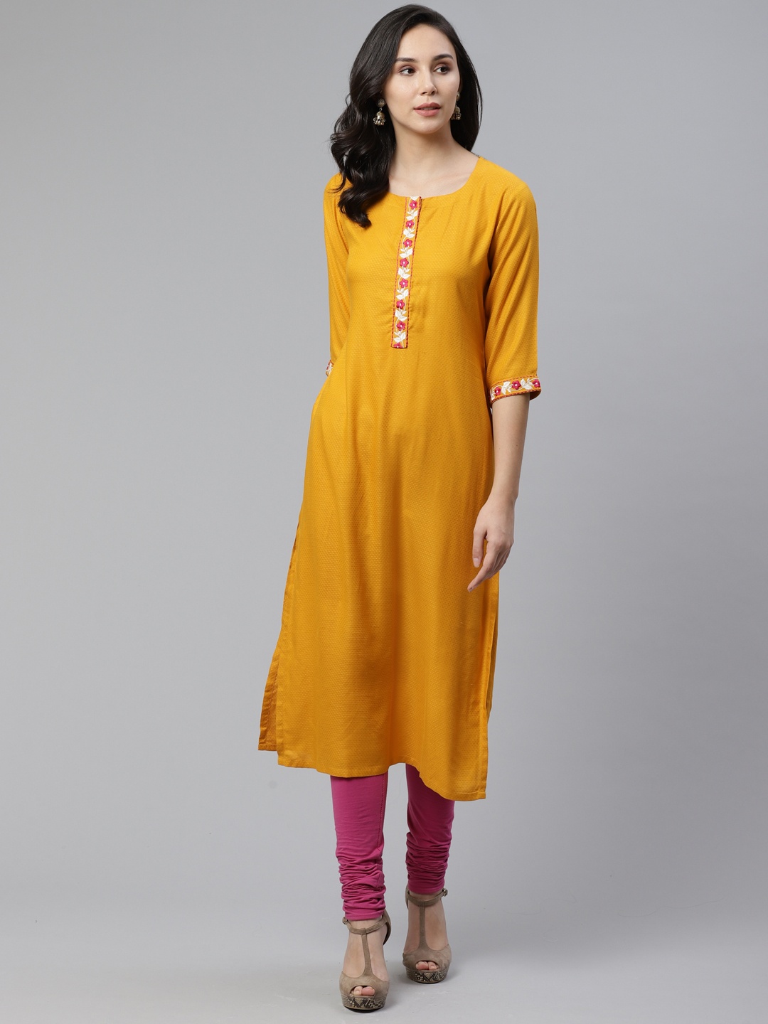 

Libas Women Mustard Yellow Woven Design Straight Kurta