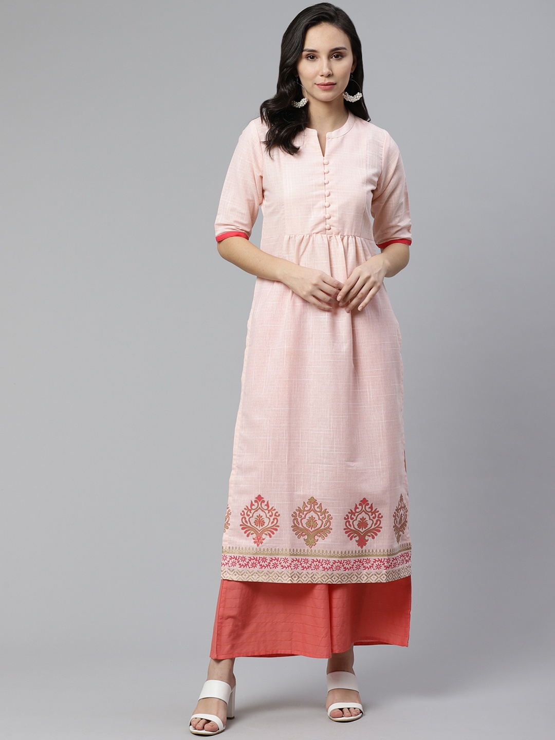 

Libas Women Peach-Coloured Block Print Yoke Design Straight Kurta