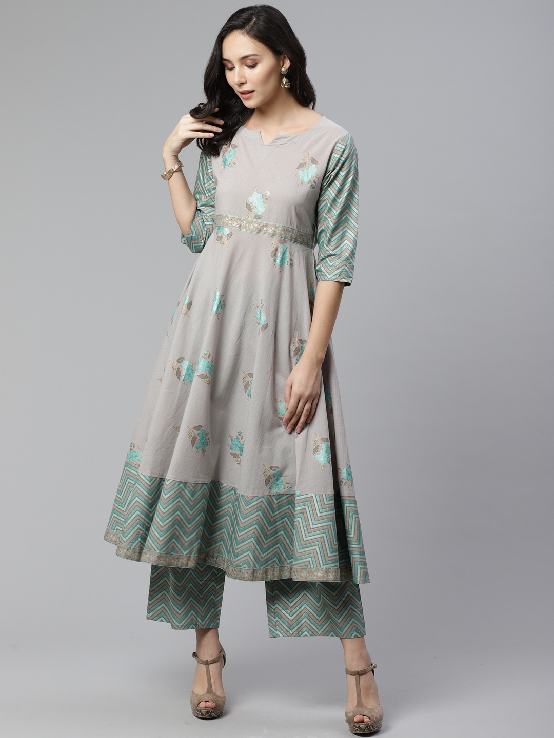 

Libas Women Grey & Blue Block Print Anarkali A-Line Kurta with Palazzo
