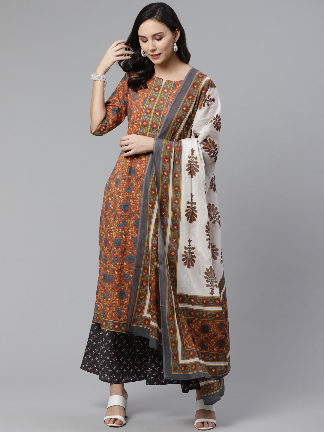 

Libas Women Mustard Brown & Charcoal Grey Printed Kurta with Palazzos & Dupatta