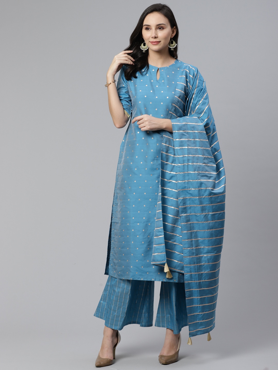 

Libas Women Blue & Golden Zari Self Design Kurta with Palazzos & Dupatta